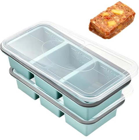 GOMETY Juego de 2 recipientes de silicona antiadherentes con tapa, 3 cubos de sopa, apilables, sin BPA, aptos para lavavajillas, molde de silicona para sopa, salsa, caldo y comida para bebés