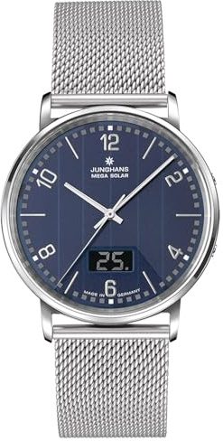 JUNGHANS Herrenuhr Funk Milano Mega Solar Milanaise/Dunkelblau 56/4629.44 | zeitlose Armbanduhr für Männer, Made in Germany,