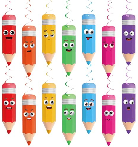 28 Stück Regenbogen Buntstifte Deko Einschulung, Spiralhänger mit Farbstifte Design, Schulanfang Party Deko, hängende Wirbel Girlande für Grundschule Schule Klassenzimmer Schuleinführung Dekoration