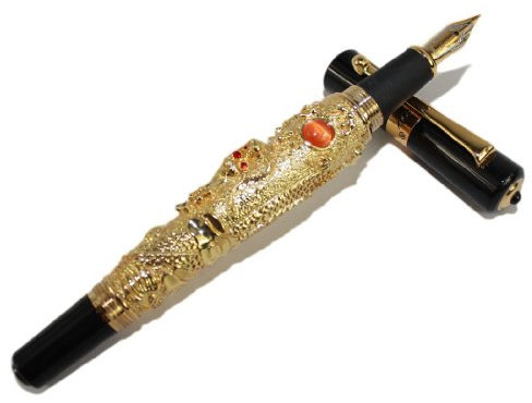 Gullor Medium Nib Fountain Pen Jinhao Flying Dragon with Pearl Emboss Golden