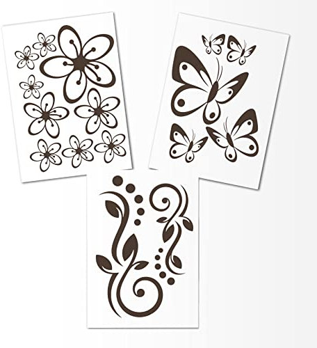Hibiskus Schmetterling Blüten Ornament SET I - braun - 30x21cm - Wall Sticker Wandtattoo Wandaufkleber - Dekoration, Küche, Wohnzimmer, Schlafzimmer, Badezimmer