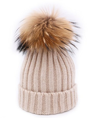 BeFur Frauen Mädchen Winter Bommelmütze Stricken Mütze Beanie Hut Pelz Ball Pom Wackelmütze - Beige