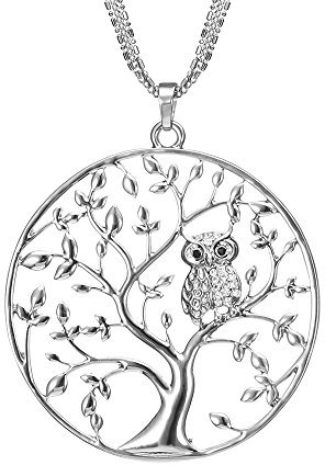 Ouran Damen Lebensbaum Anhänger Halskette mit Eulen, Silber und Gold vergoldet lange Kette Halskette Keltischer Stammbaum Halskette mit glänzendem Kristall (Versilbert)