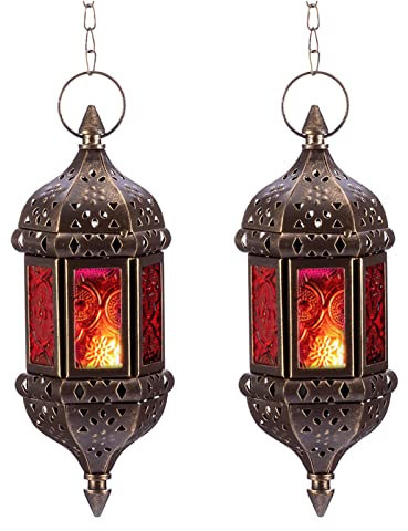 Nuptio Linterna Vela Marroquí Candelabros Colgantes para Velas Té 2 Piezas Lámpara Ramadán Metal y Vidrio, Farolillos Decorativos Marrones Velas para Sala Balcón Patio Decoraciones Navideñas