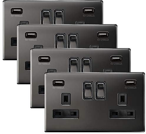 4 x Black Nickel USB Double Wall Plug Socket 2 Gang 13A with 2 USB Charger Port Outlets Socket Plate N776GME