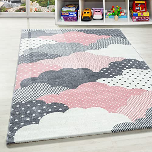Teppium Kinderteppich für Mädchen und Jungen Wolken Design 80 x 150 cm Pink - Waschbarer Teppich Weich, Pflegeleicht und Antiallergen - Teppich für Kinderzimmer, Babyzimmer und Spielzimmer