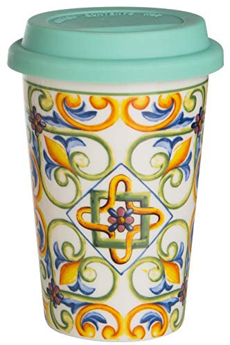 Baroni Tazza da Viaggio Cappuccino in Ceramica Ortigia con Tappo in Silicone Verde Acqua 10x10x14 cm