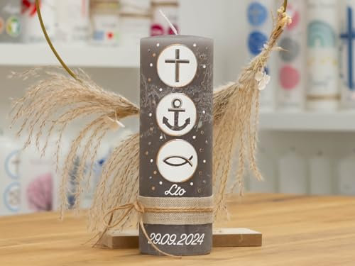 meinkerzenshop Taufkerze Rustik Hamburg Junge oder Mädchen mit Name und Datum, individuell, persönlich u. handgemacht 17333