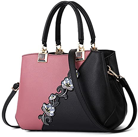 DIRRONA Borsa Donna Grande in PU Impermeabile – Borsa 3-in-1 a Mano e a Spalla, Elegante con Fiori e Design Bicolore, Ideale per Uso Quotidiano Casual Viaggio Lavoro e Festa Rosa
