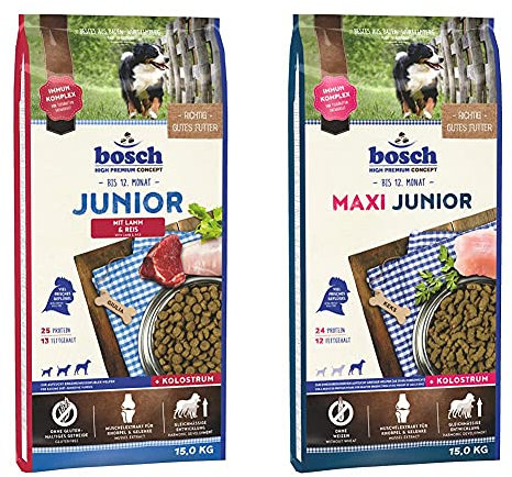 bosch HPC Junior mit Lamm & Reis | Hundetrockenfutter zur Aufzucht ernährungssensibler Welpen | 1 x 15 kg & HPC Maxi Junior | Hundetrockenfutter zur Aufzucht großer Rassen (ab 25 kg) | 1 x 15 kg