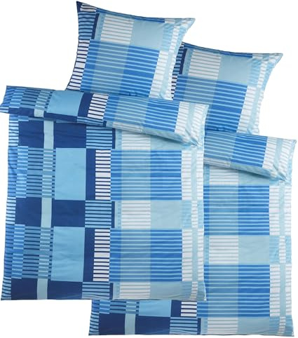 KH-Haushaltshandel 4-TLG. Biber Winter Bettwäsche 2X (135x200 + 80x80 cm), blau, Karo/Streifen, 100% Baumwolle (P-blauKaro)