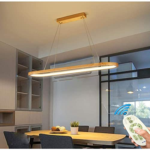 LED Pendelleuchte Holz Dimmbar Esstisch Hängelampe Höhenverstellbarer Esszimmerlampe Modern mit Fernbedienung Wohnzimmer Tisch Deko Decke Hängeleuchte Küchen Hängend Lampen (Dimmbar, L90cm)