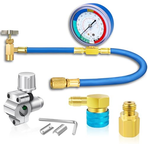 R134A Refrigerator Freon Recharge Hose Kit-R134a AC Refrigerant Charging Guage Hose Set with BPV31 Bullet Piercing Tap Valve and R134a Self-Sealing Adapter, for Home A/C Refrigerant System (Red)