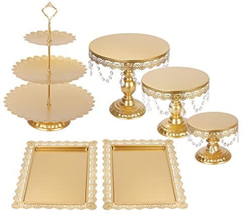 Snowtaros 6 Stück Tortenständer Rund Metall Dessert Display mit Kristallperlen, 3 Etagen Runde Cupcake Standfuß Vintage-Stil für Party Hochzeit Deko (Gold)