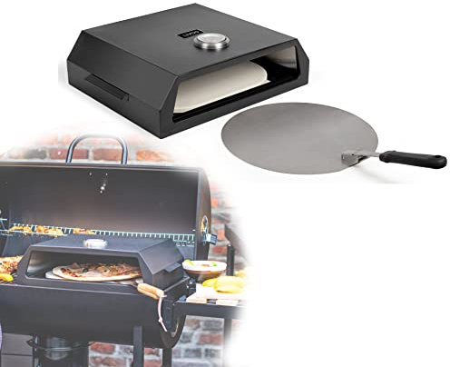 Pizzaofen Grillaufsatz für Gasgrill oder Holzkohlegrill - Pizzagrill mit Pizzastein und Pizzaschieber Edelstahl - Pizza Grill 44 x 35 cm - Pizzaaufsatz mit Thermometer