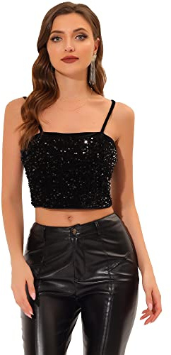 Allegra K Damen Pailletten Oberteil Ärmellos Tanktop Spaghettiträger Glitzer Cami Party Crop Top Schwarz L