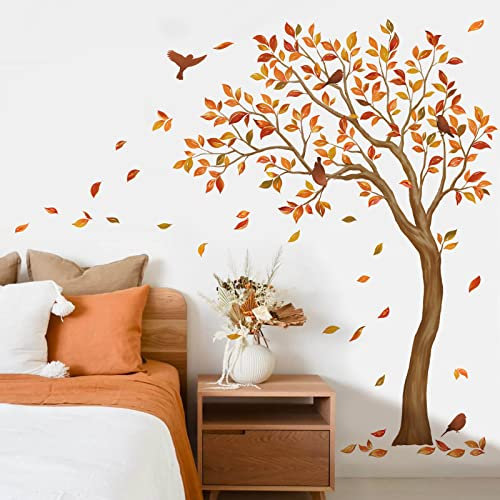 wondever Wandtattoo Baum XXL Groß Wandaufkleber Herbst Blätter Vögel Wandsticker Wanddeko für Wohnzimmer Schlafzimmer Sofa TV Hintergrund (H: 170cm)