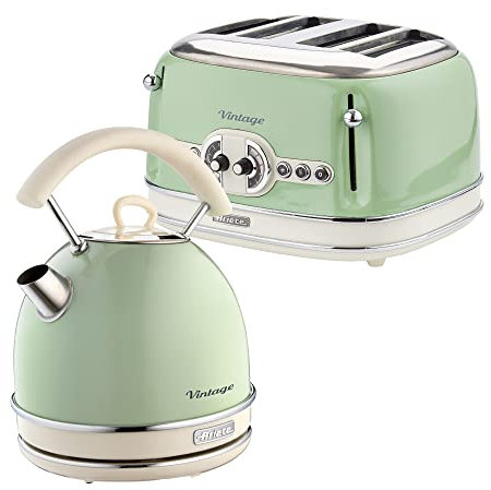 Ariete ARPK40 Retro Style Dome Kettle and 4 Slice Toaster Set, Vintage Design, Green, Stainless Steel
