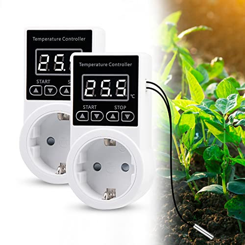 COMOYA - 2-stückiger Digitaler Temperaturregler 230V mit Sensor, Wasserdicht, Thermostatsteckdose, Smart Thermostat Heizung für Gewächshaus, Aquarium, Terrarium Reptilien