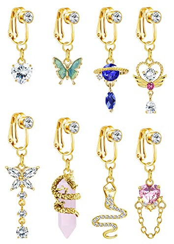 Kakonia 8Pcs 14G Faux Piercing Nombril Acier Chirurgical pour Femme Serpent/Coeur/Papillon/CZ Clip sur Piercing Nombril Dangle Non Percé Faux Piercing Bijoux