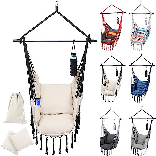 MIADOMODO® Hängesessel - Outdoor, Indoor, Kissen, Haken, Kinder/Erwachsene, Balkon/Wohnzimmer/Garten/Camping, 150 kg, Faltbar, Farbwahl - Hängesitz, Hängestuhl, Hängeschaukel (Beige)