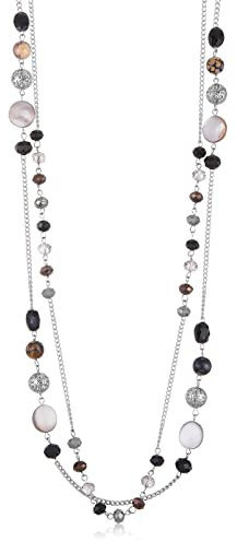 FULU AUTUMN Damen Statement Kette Lange Perlenkette Silber Chain Zwei Strang Modeschmuck Halskette Geburtstagsgeschenk(Black)