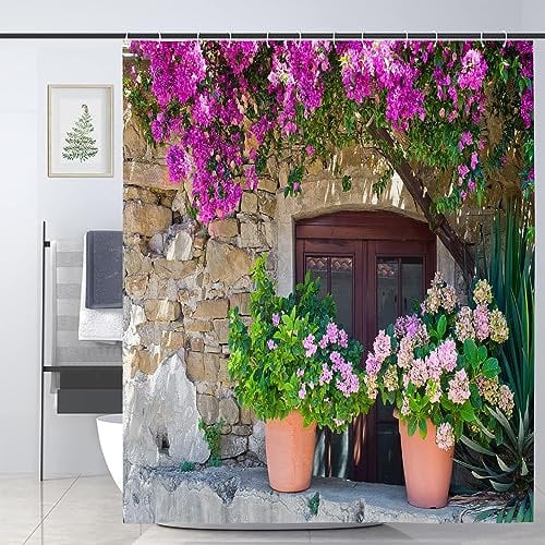 JOOCAR Italian Shower Curtain View of Stonewall House w/ Flowerpot Red Purple Flower in Italy Rural Town Garden Bath Curtain Waterproof Shower Curtains Bathroom Decor 72x72 Inch,Purple Green Beige