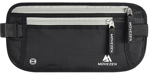 MOVEZEN Ceinture Cache Billets Homme Femme, Sac Banane Discret avec Sécurité RFID pour Carte de Crédit et Passeport, Pochette Secrète Utralégère, Ceinture de Voyage Antivol (Noir Profond)