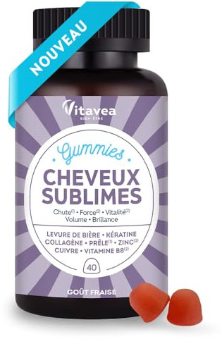 Vitavea Bien-être - Gummies Cheveux Sublimes - Favorise la Pousse - Biotine, Levure de Bière, Kératine, Zinc, Collagène - Anti-Chute, Volume, Brillance - 40 Gummies Fruits Rouges