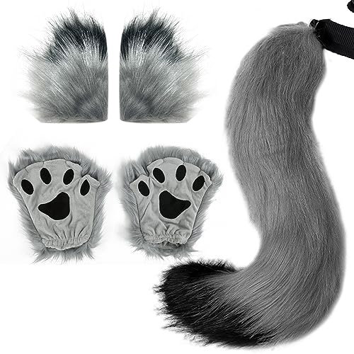 Ulikey Ensemble d'habillage Queue de Loup Renard, Halloween Oreilles de Chat en Fausse Fourrure Ensemble de Costumes Enfants en Peluche Queue de Loup Renard pour Halloween, Carnaval (Gris Noir)