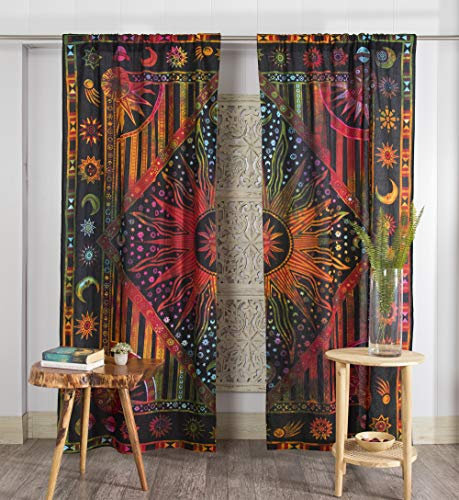 Popular Handicrafts 254 cm Länge, 2 Paneele, indische brennende Sonne, Hippie-Mandala-Fenstervorhänge, Batikfärbung, böhmische Sonne, Mond, schöne Vorhänge, Schlafzimmer, Wohnzimmer, Balkon,