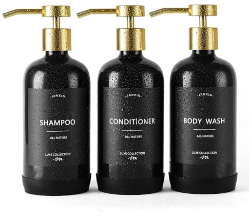 Janxin Shampoo and Conditioner Dispenser Set of 3,Refillable 21oz Shampoo Bottles with Non-Slip Protective Silicone Pad,Shower Soap Dispenser with Waterproof Labels for Bathroom (Black)