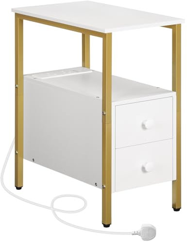 HOOBRO Side Table, Narrow Bedside Table with Charging Station, USB Ports and Power Outlets, Slim Side Table for Small Spaces, 2 Drawers, Industrial Nightstand, White and Gold EDW548KBZ01G1