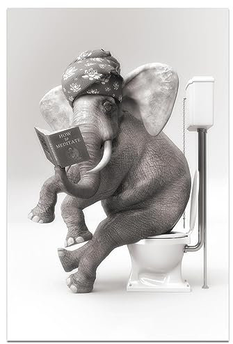 Elefanten-Kunst-Wanddekoration, schwarzer und weißer Stil, Elefant lesen ein Buch, Wandbilder, lustiger Tier-ruhender rustikaler Druck auf Leinwand, Poster für Schlafzimmer, Wohnzimmer, Badezimmer,