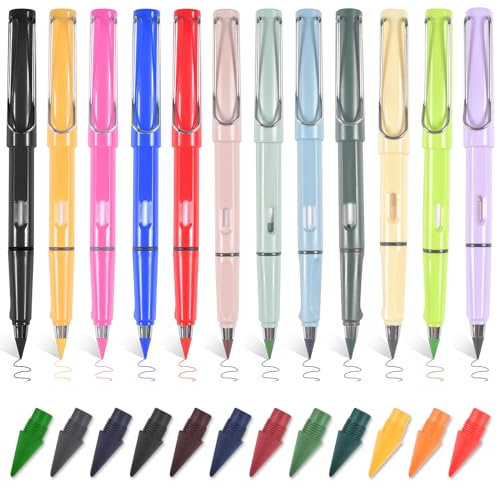 Qooloo Metall Tintenlose Bleistifte, 12 Stück Bunte Ewige Bleistifte mit 12 Bunte Ersatzköpfe, Bleistifte mit Radiergummi, Kein Tintenstift, Unendlicher Bleistift, Everlasting Pencil, Metal Pencil