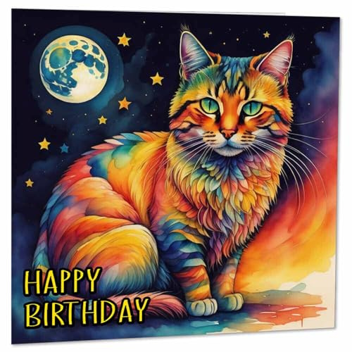 Moon Cat Geburtstagskarte – Aquarell-Katzenkarten – Katzenkarten, 145 x 145 mm