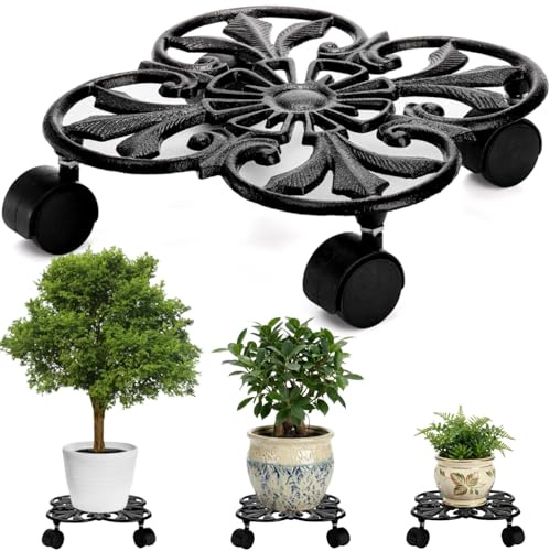 Goaste Cast Iron Plant Caddy, 28cm Heavy Duty Plant Stand, Rustic Plant Trolley with 4 Rolling Wheels, Round Planter Holder for Outdoor Indoor, Large Plant Flower Pots, Load Capacity 330 Lbs (Black)