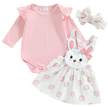 Geagodelia Completini Neonata Pasqua Tutina Girocollo Manica Lunga Ruffle Pagliaccetto + Sospendi Gonna A Ruota a Fantasia Coniglietto Vestiti Bimba Elegante Principessa (B Rosa, 6-9 Months)