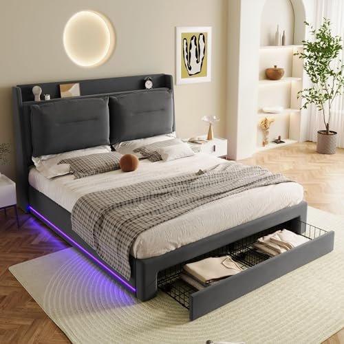 BTM 135 * 190cm-4FT6 Double Bed with Storage, Upholstered Double Bed with Drawer & Bed Box & Recessed LED Light Strips on Both Sides, Dark Gray Velvet, No Mattress