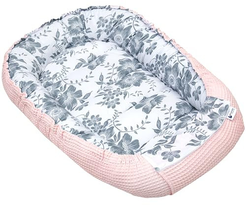 Medi Partners Babynest Nestchen für Neugeborene - 100x60x15 Babynestchen Baby zweiseitg Nest Bett 100% Baumwolle Waffel Kuschelnest tragbar (Berry mit rosa Waffel)