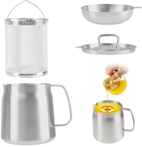 2L Olla Freidora con Filtro de Aceite, Filtro Aceite Cocina de Acero Inoxidable con Colador Fino y Grasera Aceite Usado, Colador-Aceite para Almacenamiento de Aceite Freír
