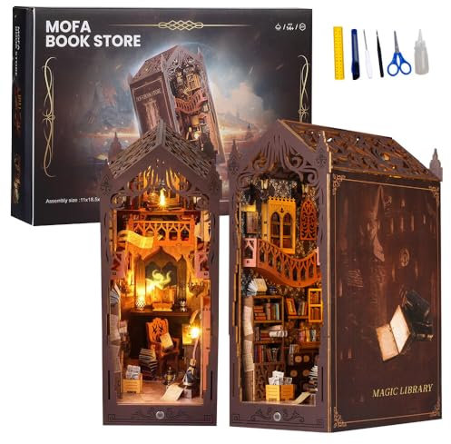 DIY Book Nook Kit, DIY Magische Welt Puppenhäuser Miniatur Haus Kit mit LED-Licht 3D Holzpuzzle Bücherecke Bücherregaleinsatz 3D Puzzle Holz Buchstütze für Bücherregal Deko und Kreativen Geschenken