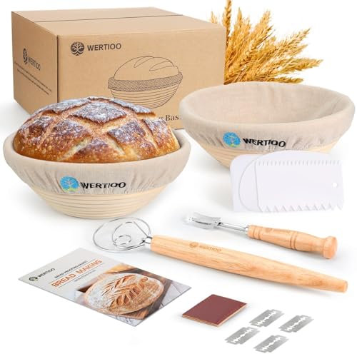 WERTIOO Banneton Bread Baking Basket 9 Inch, 2 Pack Banneton Proofing Basket with Bread Lame Whisk Bowl Scraper Linen Cover, Bread Baking Set for Home Use and Professional Baking Optimal