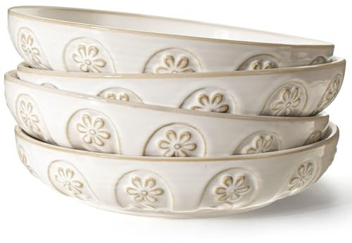 Artena Large Pasta Bowls 9.75 inch, Big Salad Bowls 50oz, Embossment White Ceramic Serving Bowls, Soup Bowls Set of 4, Shallow Dinner Bowls, Deep Plates, Microwave Dishwasher Safe (Pinwheel Flowers)