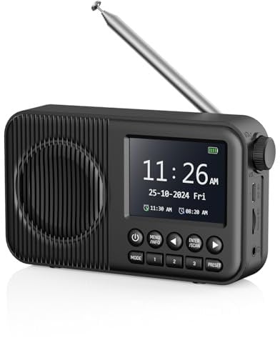 Arafuna DAB Radio, DAB Plus mit 2,4 Farbdisplay, FM Radio mit Bluetooth, Küchenradio mit 60 Voreinstellungen, wiederaufladbar, Dual Wecker, Schlaf-Timer, MicroSD/TF/AUX Anschluss, Schwarz