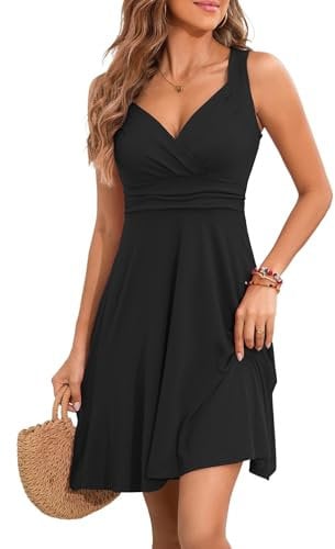 YUTILA Sommerkleid Damen V-Ausschnitt Ärmelloses Kleider Midi Blumenmuster Leicht Kleid Strandkleid