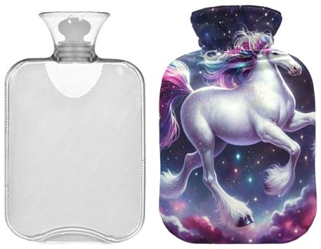 Bouillotte licorne sur galaxie avec housse en velours, sac d'eau chaude transparente de 2 L pour compresse chaude et froide, chauffe-mains et pieds