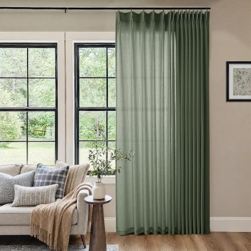 DUKIYO Extra Wide Pinch Pleat 100 x 84 Inch Linen Curtains Olive Green