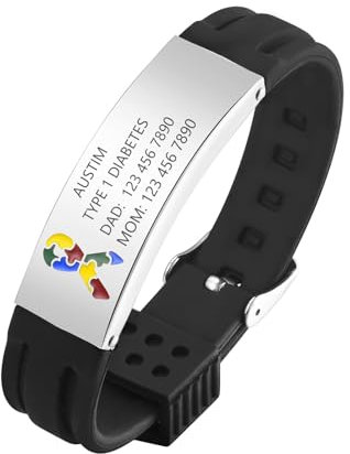 Gamtic Personalisierte Notfallarmband Medizinisches Armband - Verstellbares Wasserdichtes Silikonarmband, SOS Dringender Kontakt ID Armbänder mit Gravur fur Herren Damen (Silber Autisme)