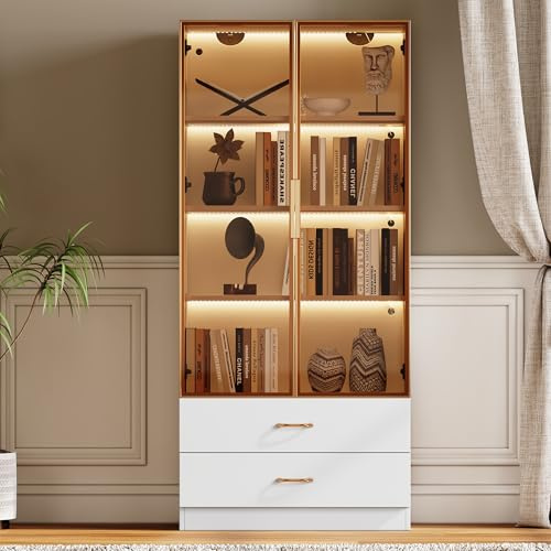 Merax Vitrine Stauraumvitrine Hochschrank für Wohnzimmer Badezimmerschrank mit LED, 75 cm breit, 2 Schubladen, 2 Türen, Glastür, Modernes Design für Badezimmer, Arbeitszimmer, Flur - Weiß